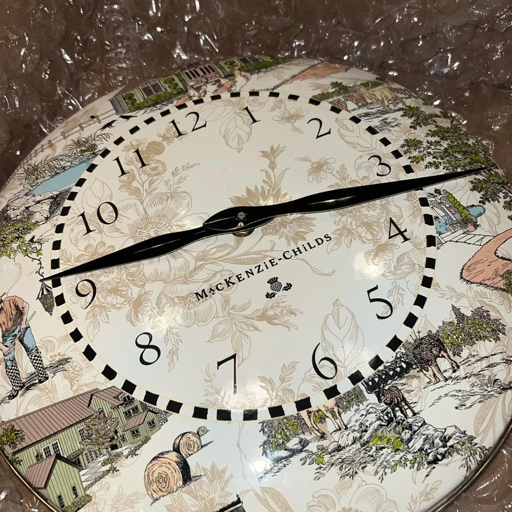 Large MacKenzie-Childs Country Farm Cottage Scenic Cream and Black Wall Clock